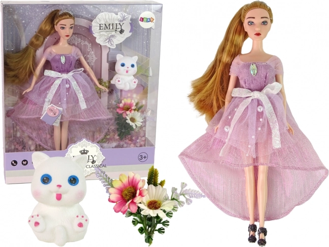Emily Doll with Long Hair and a White Kitten