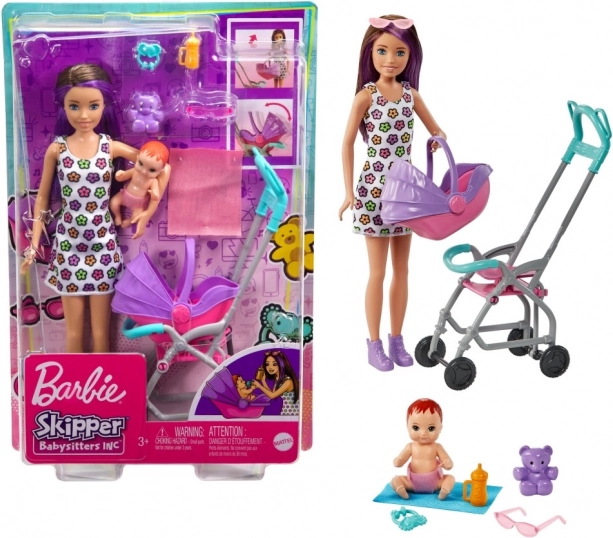 Barbie Skipper gardienne – poussette avec bébé et accessoires
