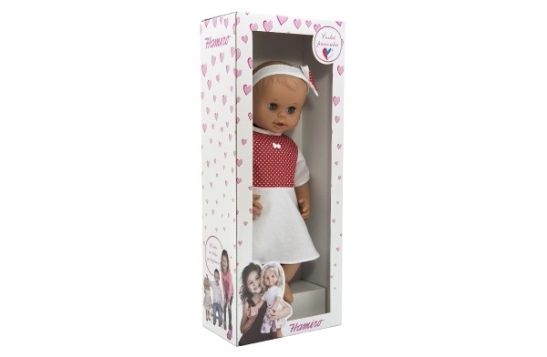 Pop Hamiro knipogend 50 cm met stevig lichaam en witte jurk met rode stippen