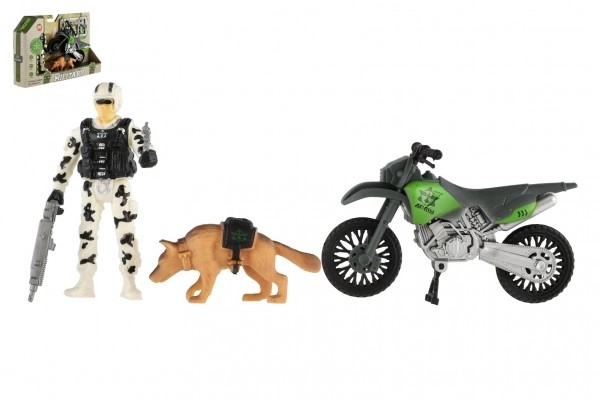 Militaire set plastic motorfiets, soldaat, hond met accessoires in doos 23x14x4cm