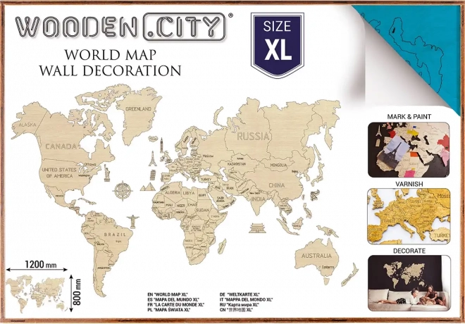 Wooden World Map for 3D Wall XL – natural turquoise