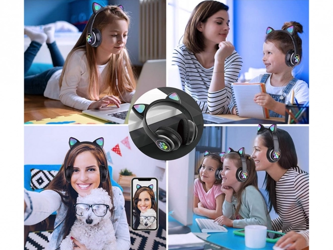 Wireless headphones bluetooth radio fm mp3 cat ears led backlight – Black