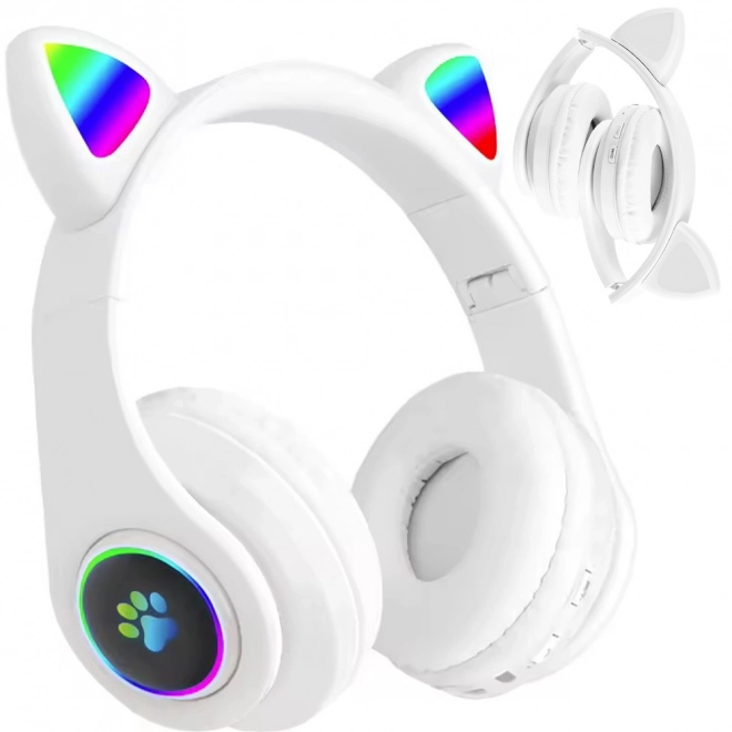 Draadloze koptelefoon bluetooth radio fm mp3 kattenoren led verlichting – Wit
