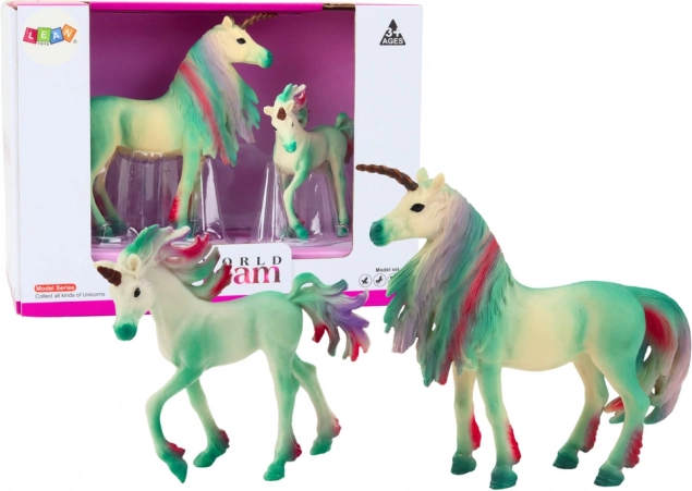 Sammelfiguren Einhörner grün – erwachsenes Tier und Jungtier, Set 2 Stk.