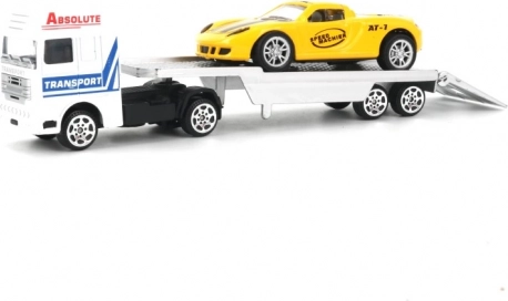 Ophangbare takelwagen met pull-back en autootje – metalen transporter