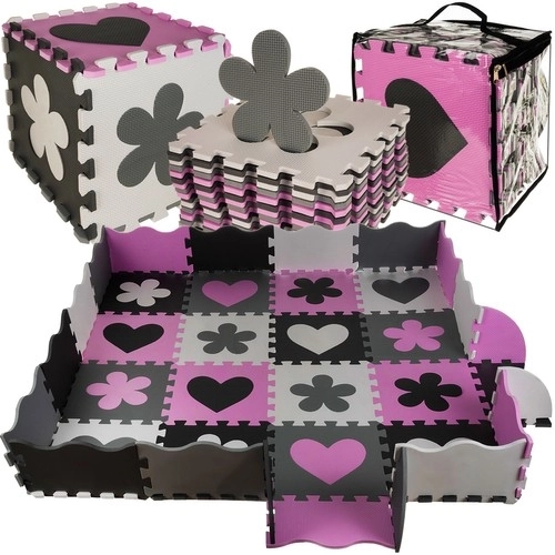 Contrasterende roze schuimpuzzel met hartjes en bloemetjes