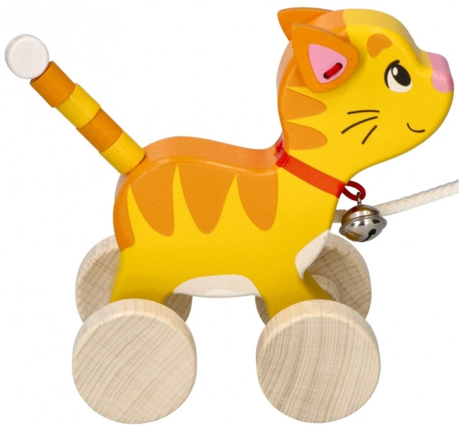 Houten trekkende speelgoedkat