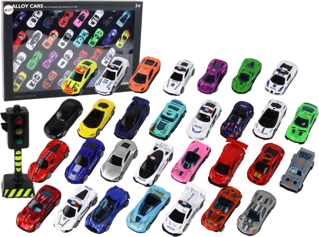 Set of Aluminum Model Cars in Box 30 Pieces Sports Police Cars