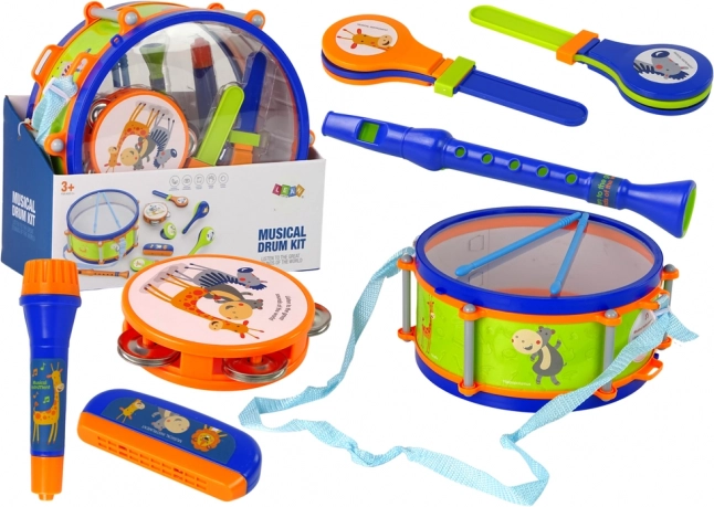 Musikinstrumente für Kinder - Set Trommel, Tamburin, Flöte, Rassel, Mundharmonika, Tiere