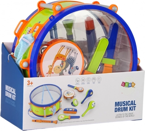 Musikinstrumente für Kinder - Set Trommel, Tamburin, Flöte, Rassel, Mundharmonika, Tiere