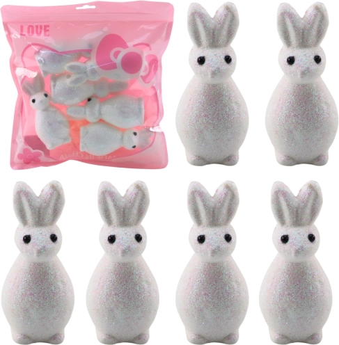 White polystyrene Easter bunnies with glitter, set of 6