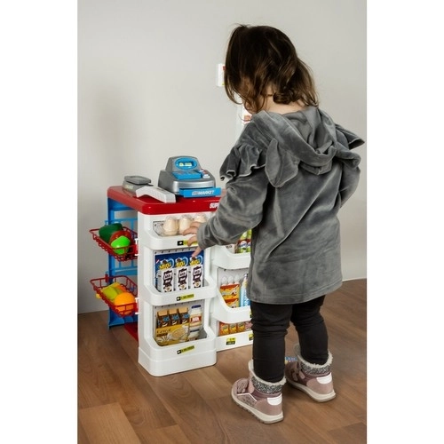 Supermarkt met kassa, winkelmandje en accessoires