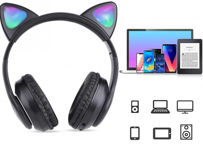 Wireless headphones bluetooth radio fm mp3 cat ears led backlight – Black