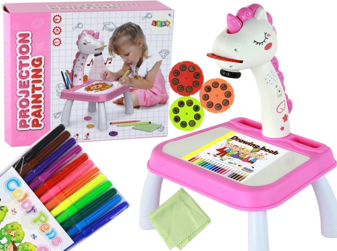 Einhorn-Projektor zum Malen mit Tisch und Zeichenplatte – rosa