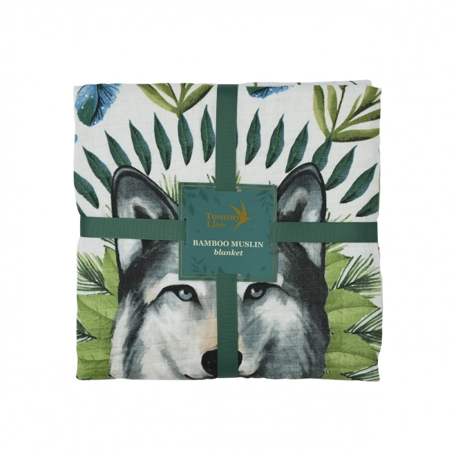 Bamboe mousseline deken Tommy Lise met motief van een wolf 106x106 cm