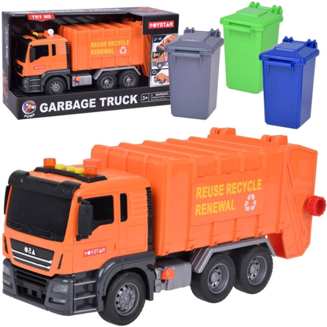 Grote vuilniswagen met containers, geluiden en lichten