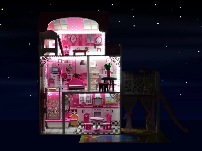 Großes Holzpuppenhaus mit Rutsche, Pool und LED-Beleuchtung