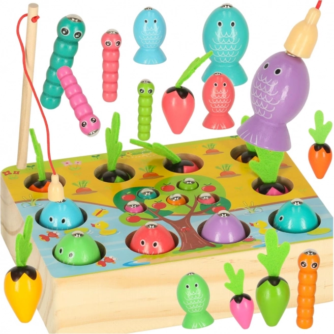 Jeu de pêche et de collecte de carottes et de vers Montessori en bois