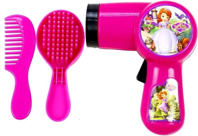 Hairdresser play with hair dryer, brush and comb