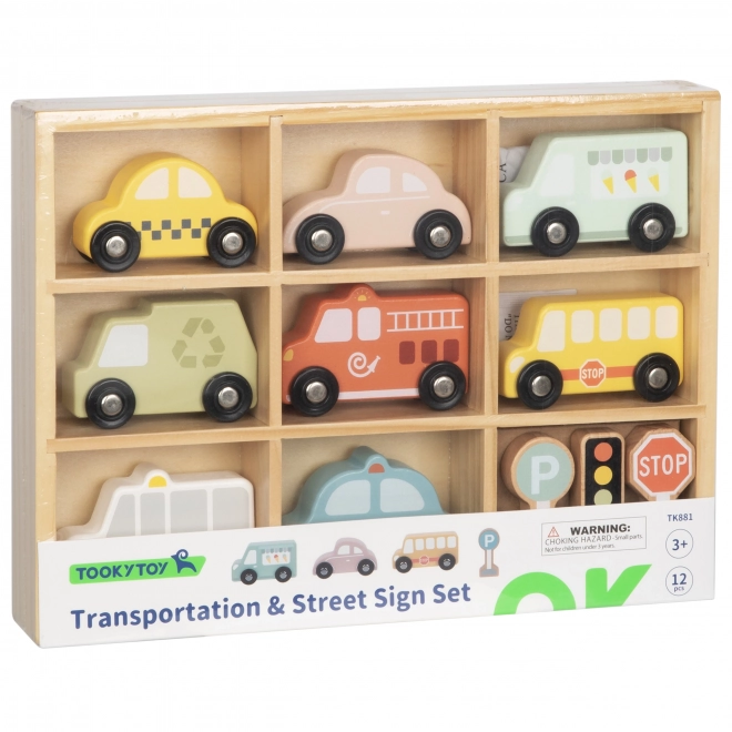 Wooden Vehicle and Road Sign Set for Kids