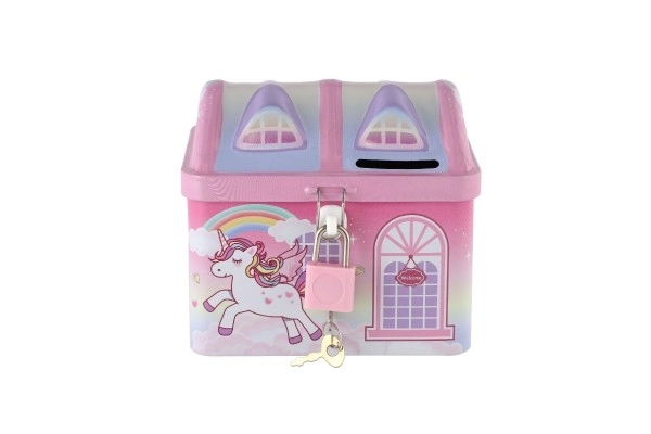 Einhorn Hausförmige Spardose aus Blech mit Schloss Rosa