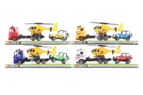 LKW mit Hubschrauber und Geländewagen