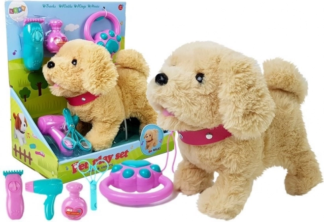Plush battery-powered dog on a leash – cream with accessories