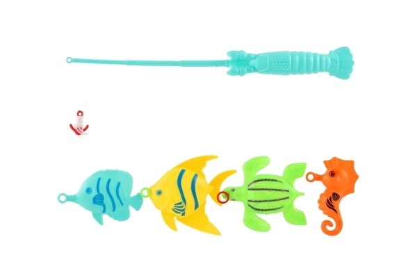 Visspel/visser met hengel 26cm plastic 5 kleuren op kaart 15,5x49x2cm