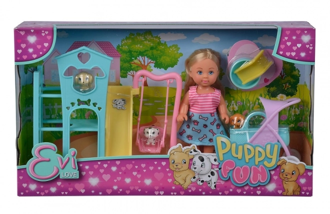 Pop Evi op het speeltuin voor puppy's