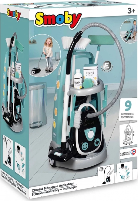 Turkoois-witte schoonmaaktrolley met stofzuiger voor kleine schoonmaakster
