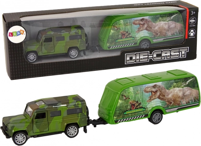 Jeep-speelgoed met aanhanger en dinosaurussen
