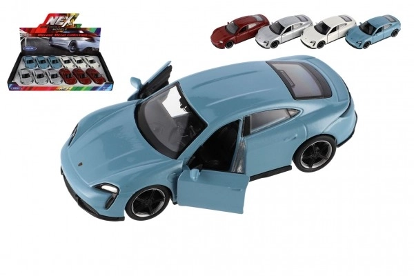 Auto Welly Porsche Taycan Turbo S metaal/plastic 12cm 4 kleuren op terugtrek mechanisme 12 stuks in doos