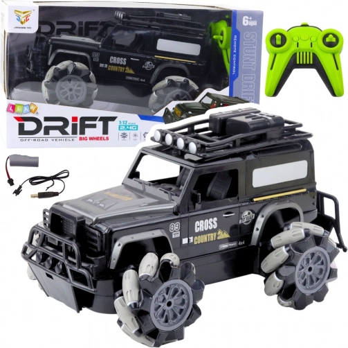 voiture RC tout-terrain drift 1:12, noire, rotations à 360° et LED