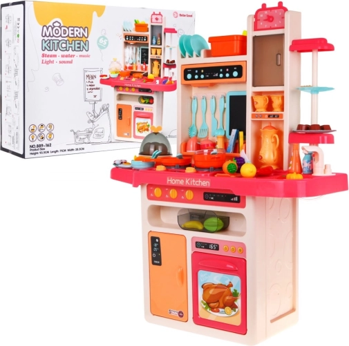 Kinderkeuken met watertap en stoombrander, audiopaneel, 65 stuks – Roze