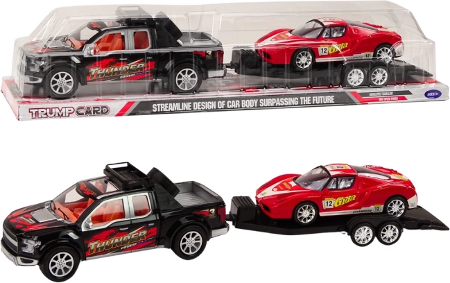 Pickup met aanhanger en rode sportauto – set met terugtrekmotor