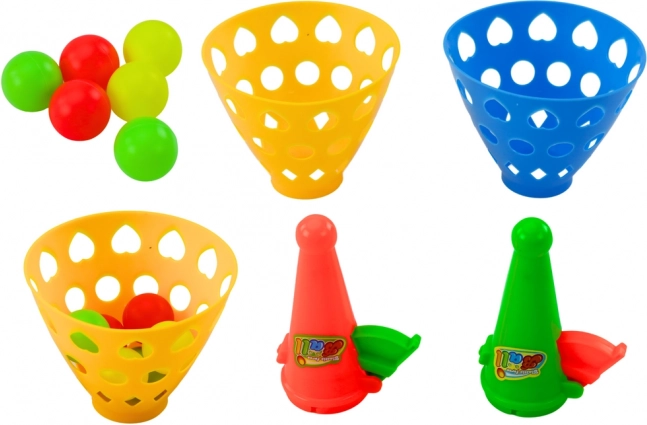 Skill game with ball-catching scoops and launcher, 2 scoops and 6 balls