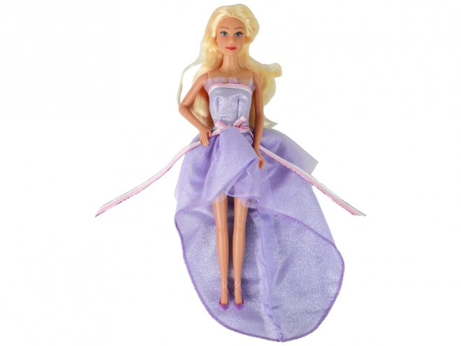 Kinderpop Lange blonde haren Kledingkast Schoenen Jurken Accessoires Paars