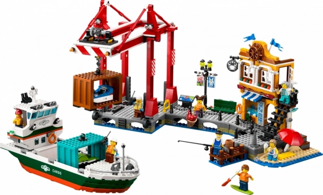 Detailed cargo ship and waterfront pier