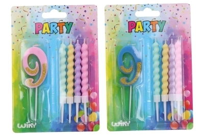 Párty kaars nummer 9 met aanvullende kaarsjes
