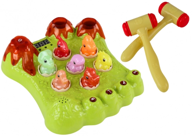 Dinosaur mole-whacking game with two hammers