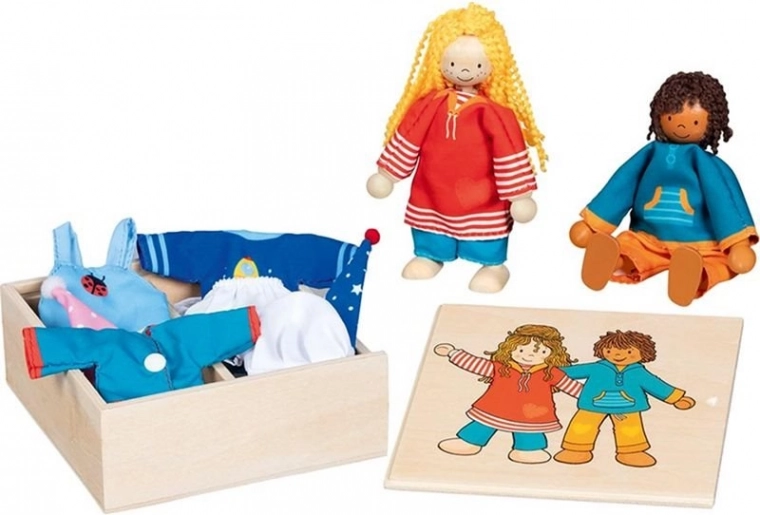 Goki dolls Fynja and Fabio with outfits in a wooden box