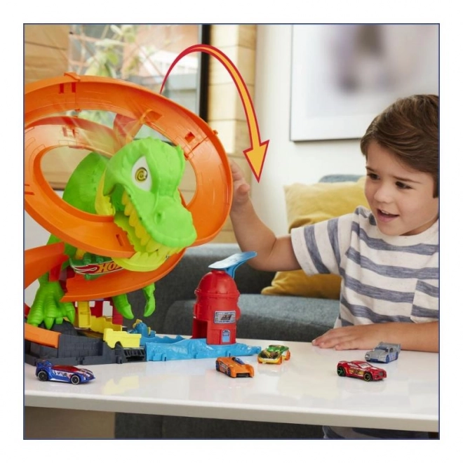 T-rex attacks the fire station from Hot Wheels city