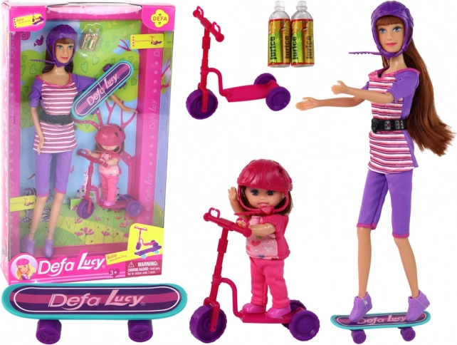 Set of Defa Lucy Dolls with Pink Scooter and Skateboard