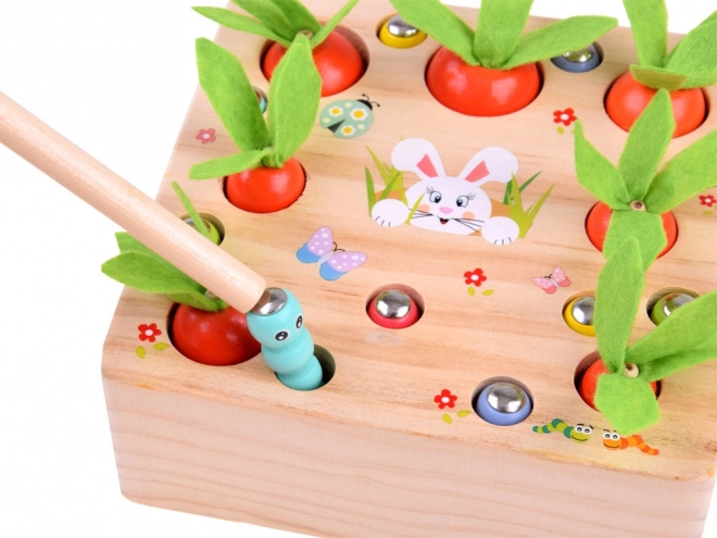 Houten spel met worteltjes en wormpjes