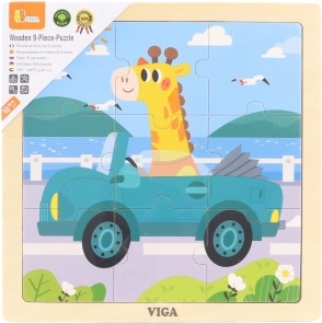 Houten puzzel met giraffe in auto, 9 stukjes