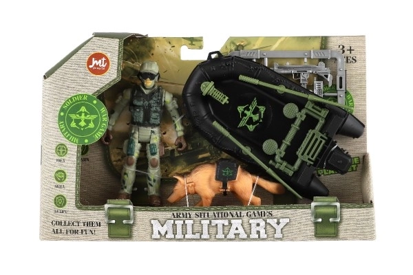 Militaire set plastic boot, soldaat, hond met accessoires in doos 23x14x4cm
