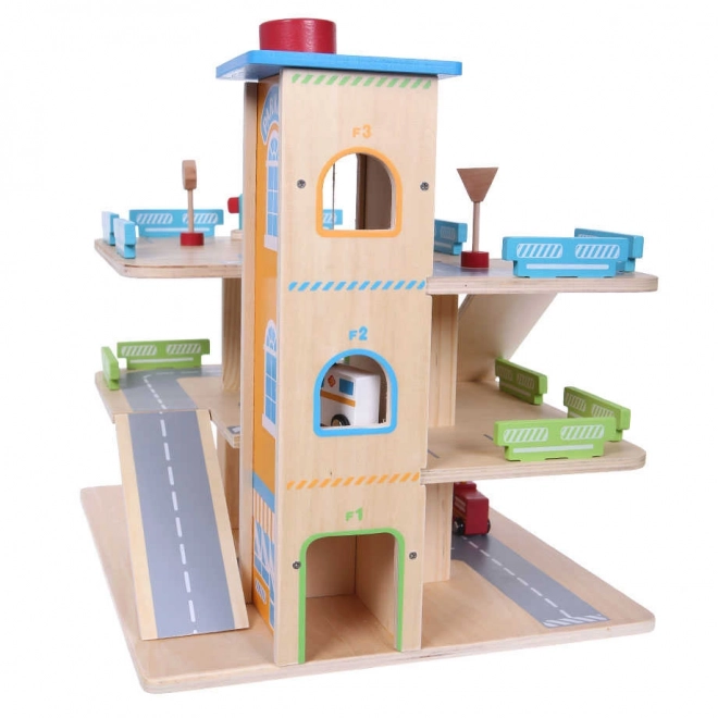 Houten garagebaan met lift + speelgoedauto's Ecotoys