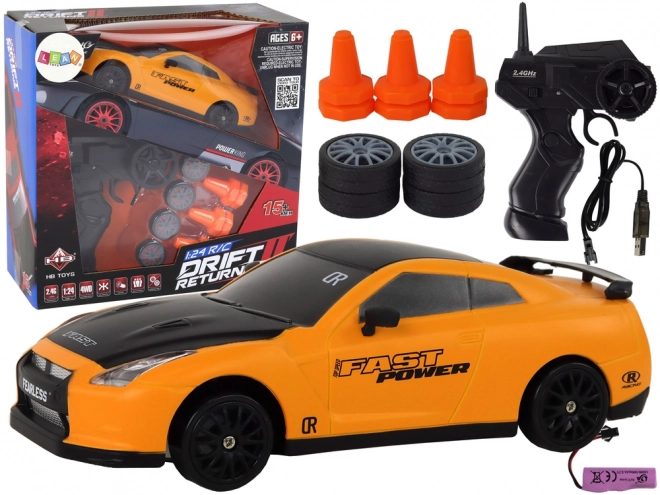 Remote controlled sports car R/C 1:24 interchangeable wheels – Yellow