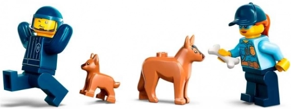 Minifigures, dogs, and accessories for storytelling