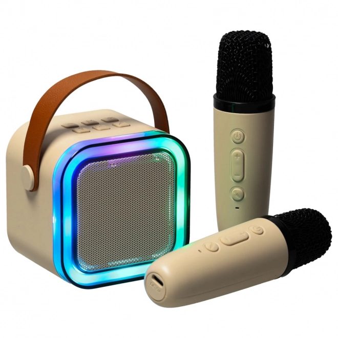 Karaoke set 2 microfoons + draagbare luidspreker BLUETOOTH USB LED beige kleur